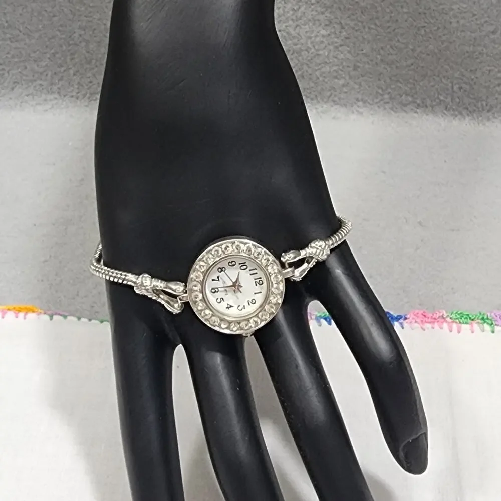 Women Quartz Bracelet Band Watch Battery Powered Rhinestone Encrusted Bezel Face